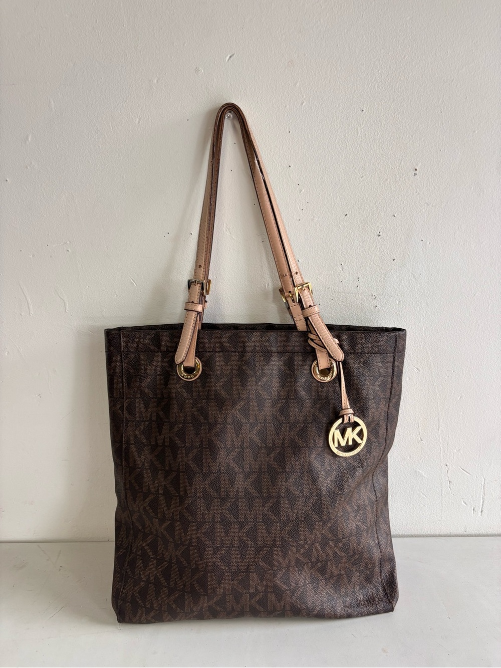 Michael Kors Brown MK Monogram Tote with Pink Leather Straps